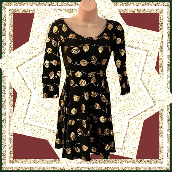 X-Mas Ornament Dress Gold Foil Black T-Shirt Dress Skater Short Fit & Flare Mini - Picture 11 of 11